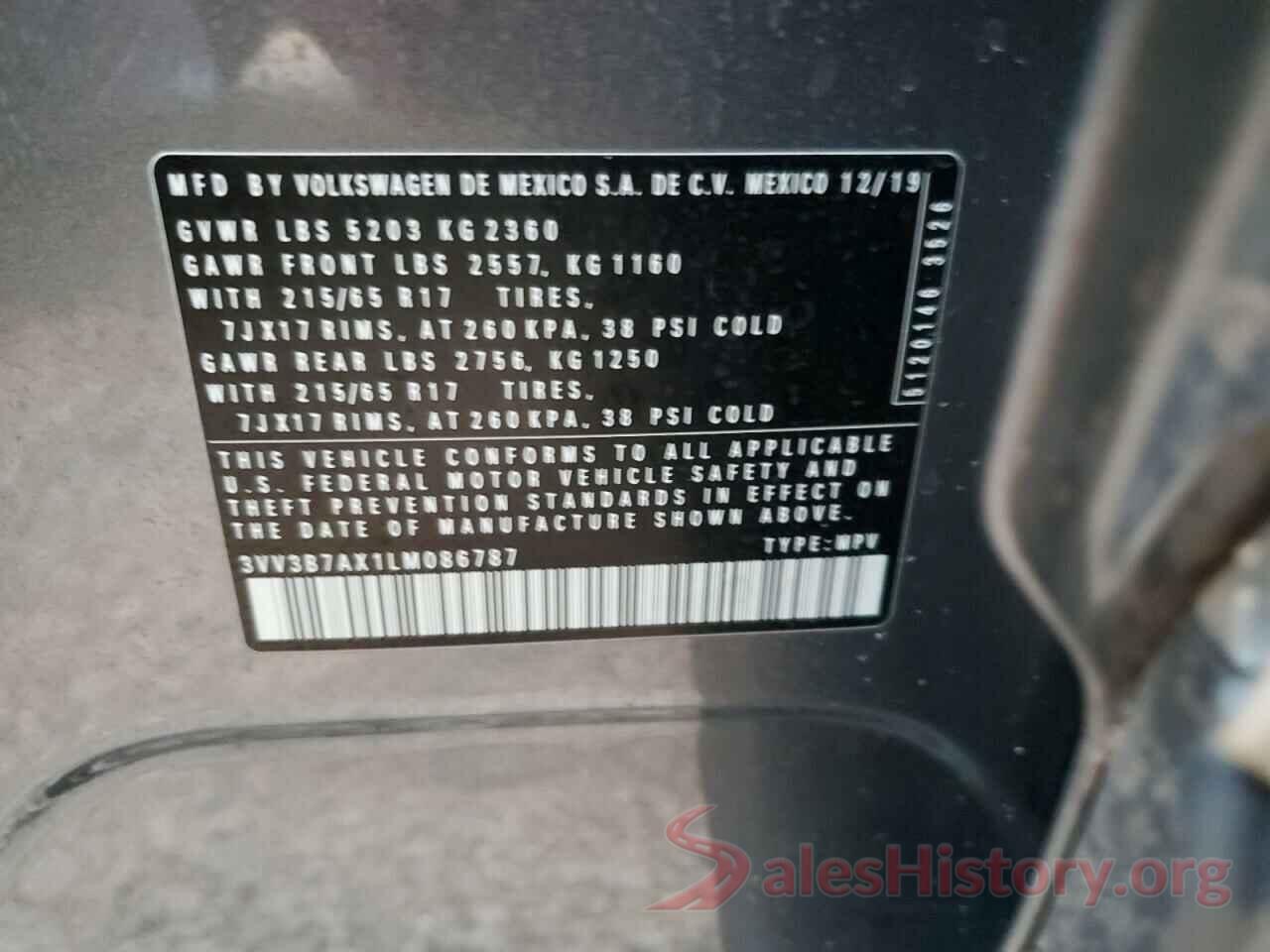 3VV3B7AX1LM086787 2020 VOLKSWAGEN TIGUAN