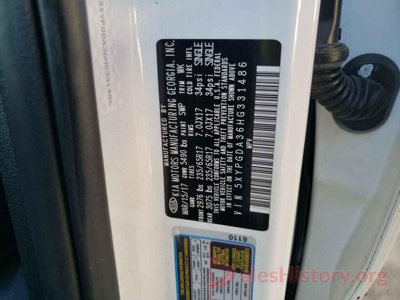 5XYPGDA36HG331486 2017 KIA SORENTO