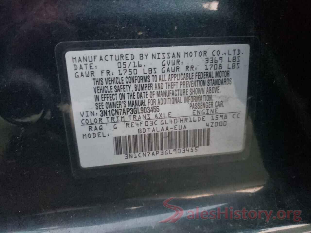 3N1CN7AP3GL903455 2016 NISSAN VERSA