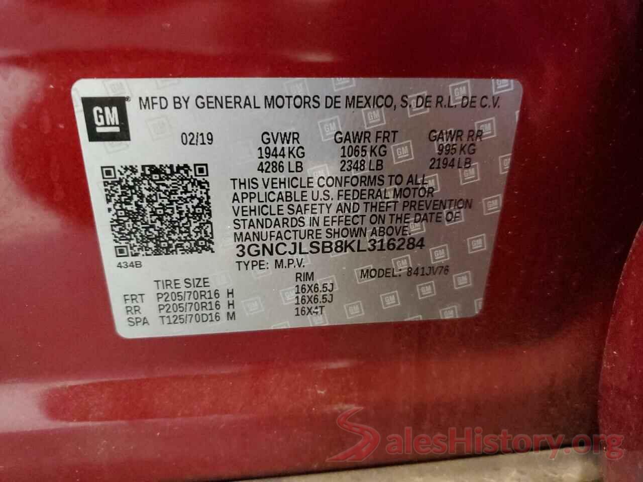 3GNCJLSB8KL316284 2019 CHEVROLET TRAX