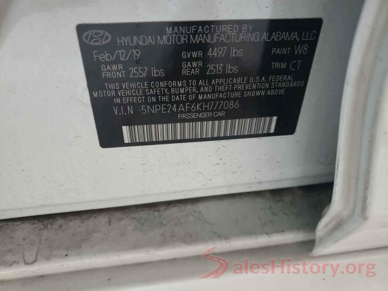 5NPE24AF6KH777086 2019 HYUNDAI SONATA