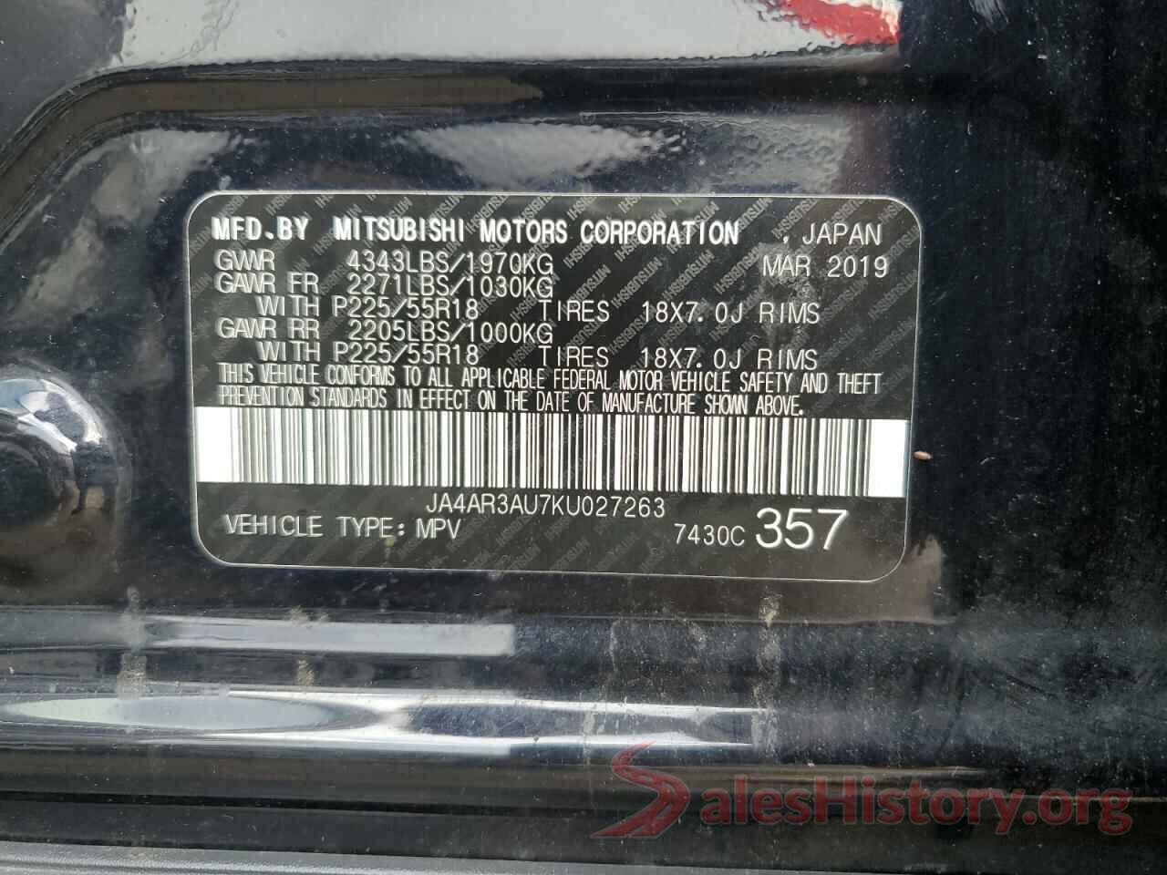 JA4AR3AU7KU027263 2019 MITSUBISHI OUTLANDER