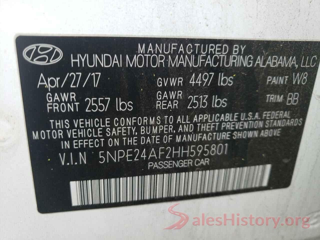 5NPE24AF2HH595801 2017 HYUNDAI SONATA