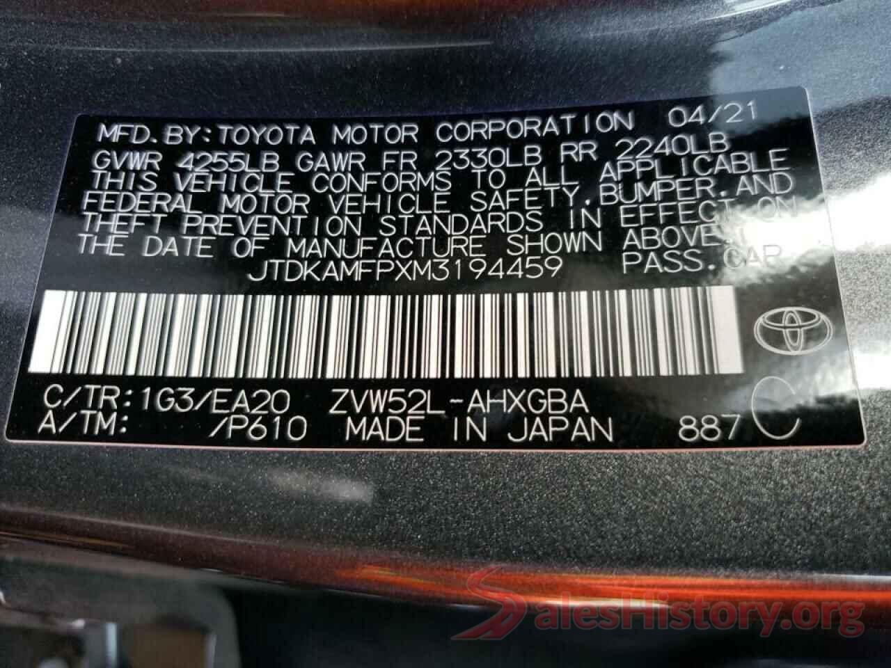 JTDKAMFPXM3194459 2021 TOYOTA PRIUS