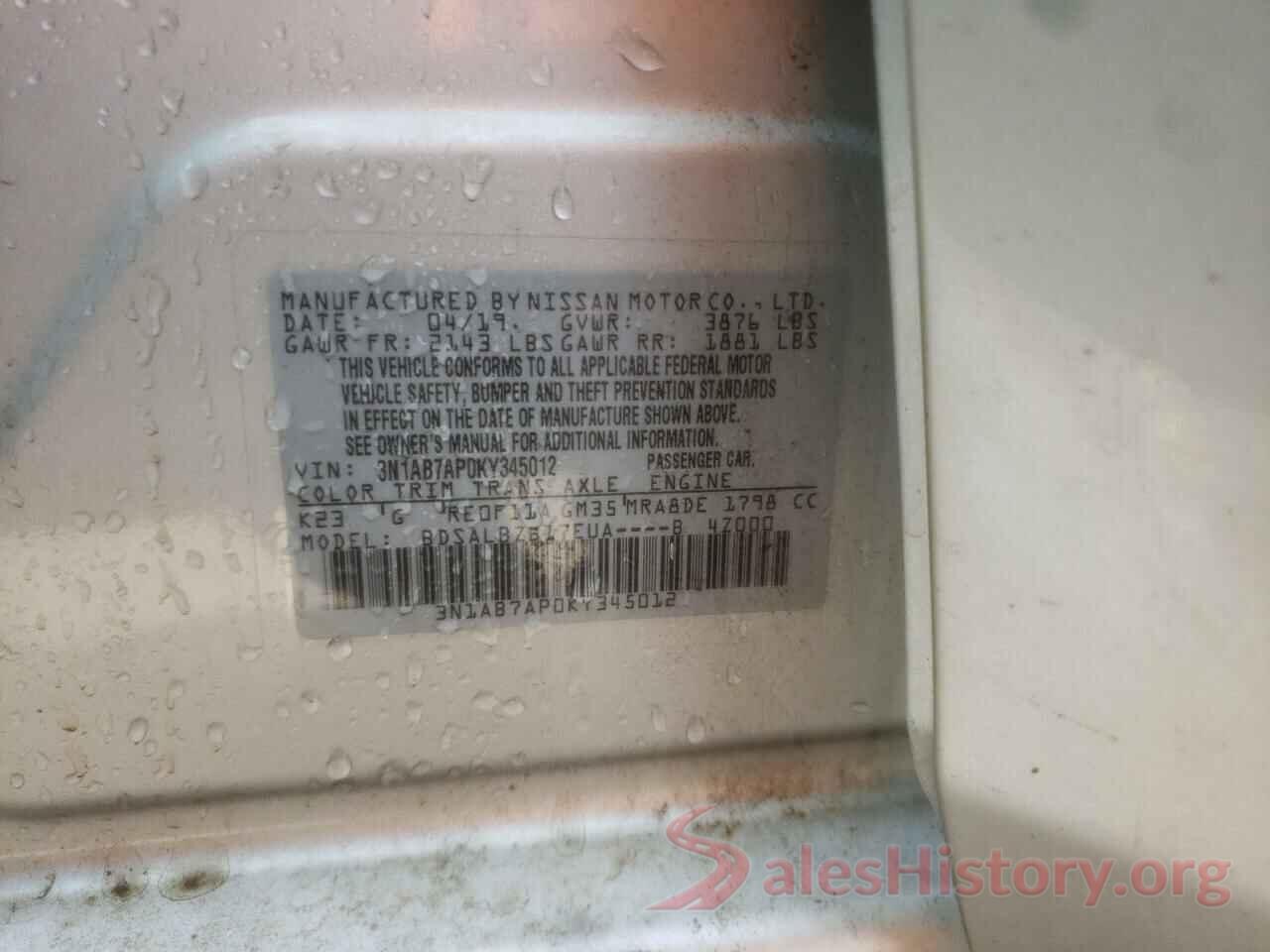 3N1AB7AP0KY345012 2019 NISSAN SENTRA