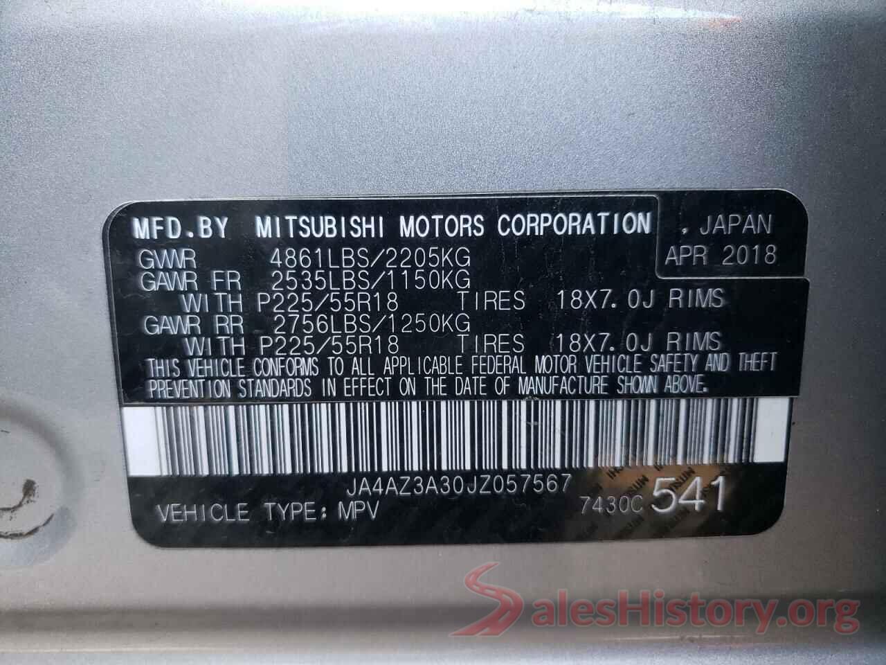 JA4AZ3A30JZ057567 2018 MITSUBISHI OUTLANDER