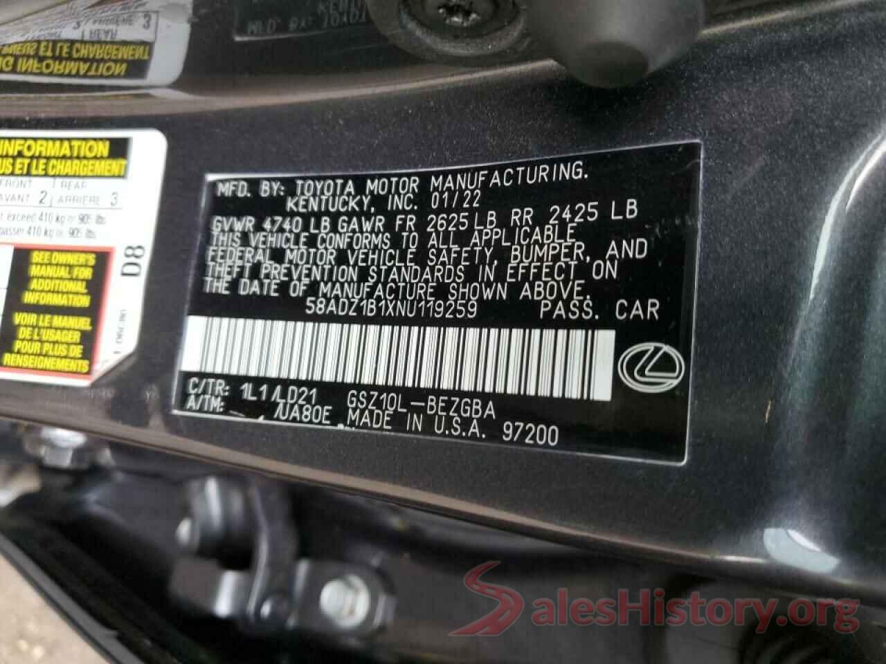 58ADZ1B1XNU119259 2022 LEXUS ES350