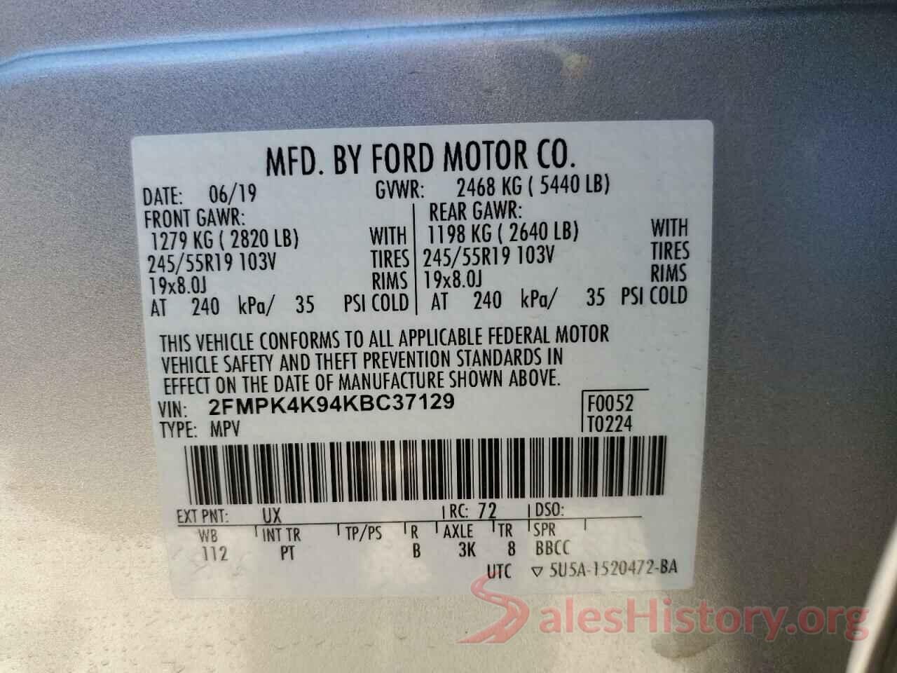 2FMPK4K94KBC37129 2019 FORD EDGE