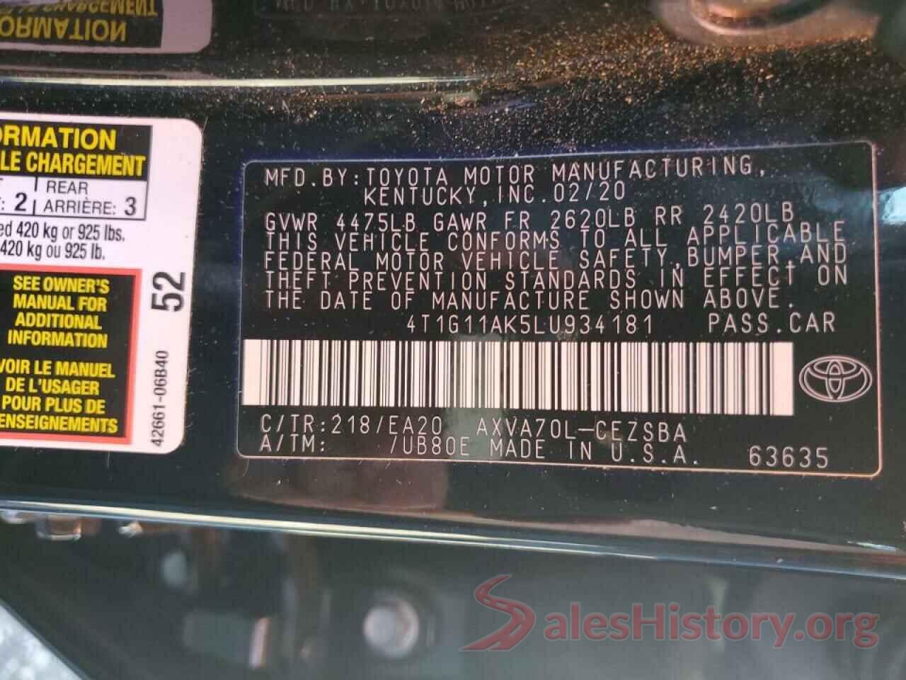 4T1G11AK5LU934181 2020 TOYOTA CAMRY