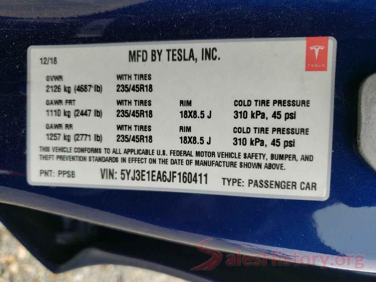 5YJ3E1EA6JF160411 2018 TESLA MODEL 3