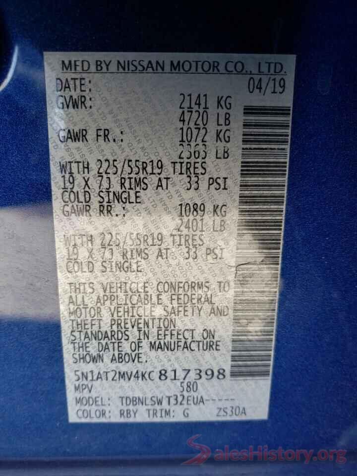 5N1AT2MV4KC817398 2019 NISSAN ROGUE