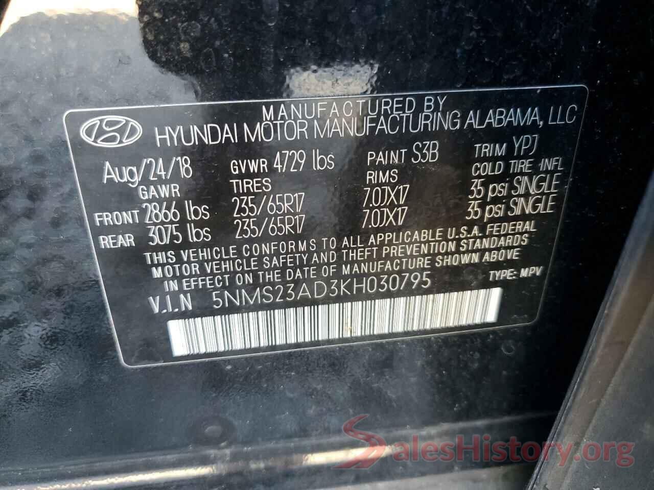 5NMS23AD3KH030795 2019 HYUNDAI SANTA FE