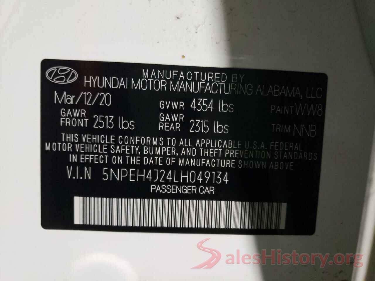 5NPEH4J24LH049134 2020 HYUNDAI SONATA