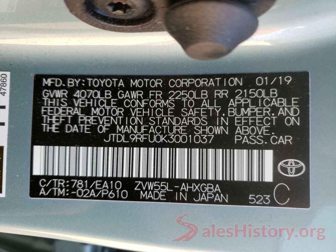 JTDL9RFU0K3001037 2019 TOYOTA PRIUS