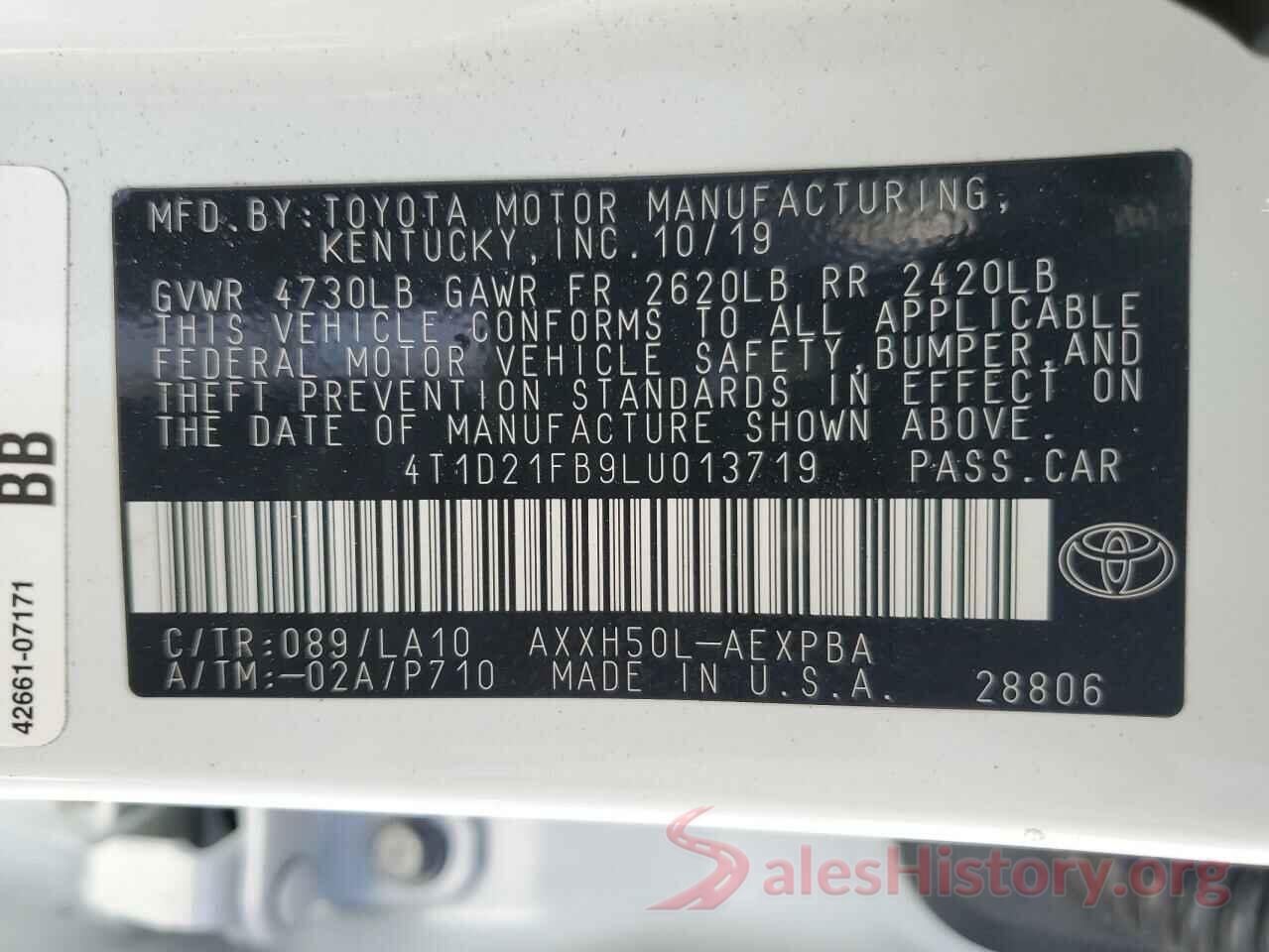 4T1D21FB9LU013719 2020 TOYOTA AVALON