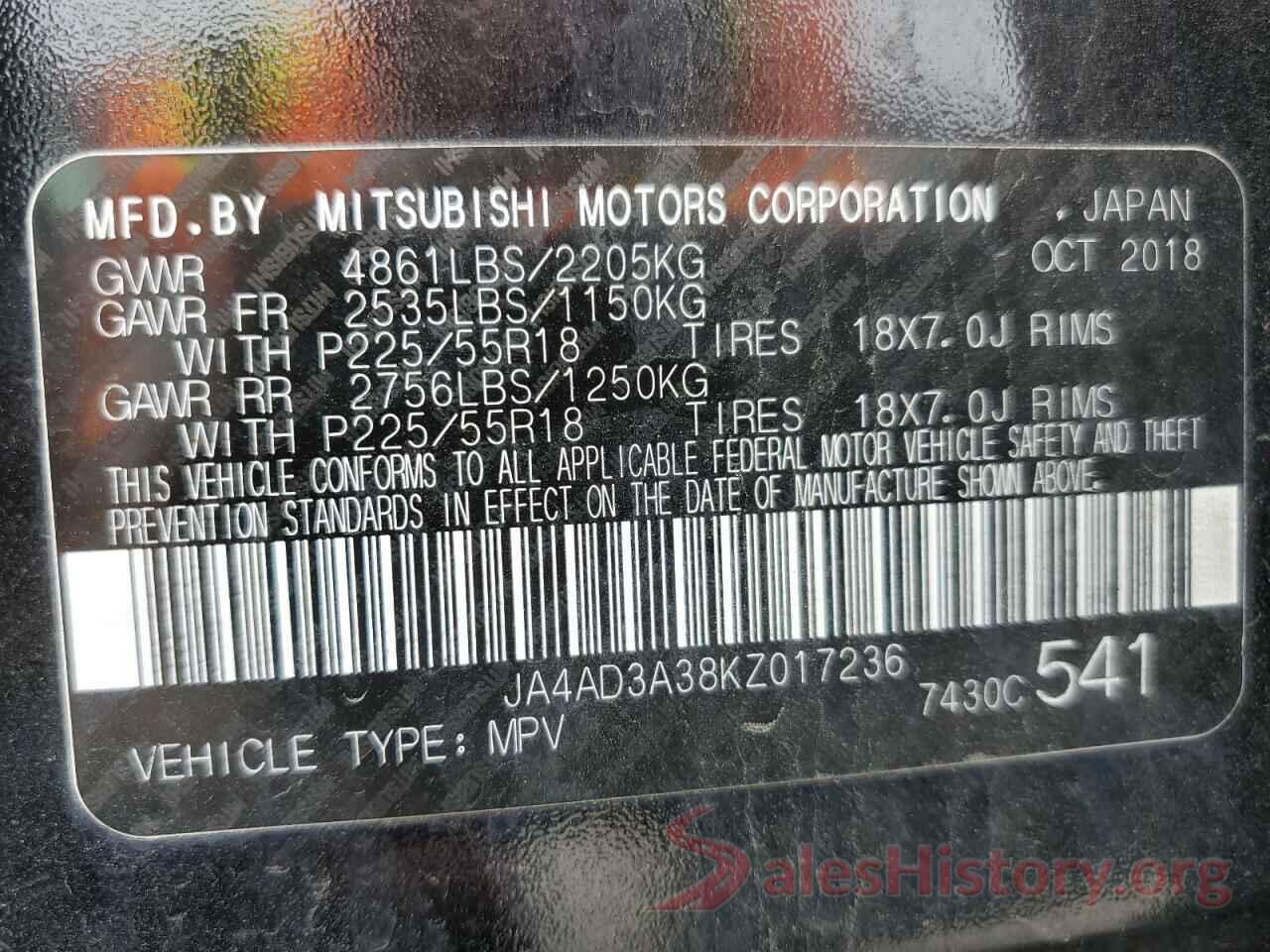 JA4AD3A38KZ017236 2019 MITSUBISHI OUTLANDER