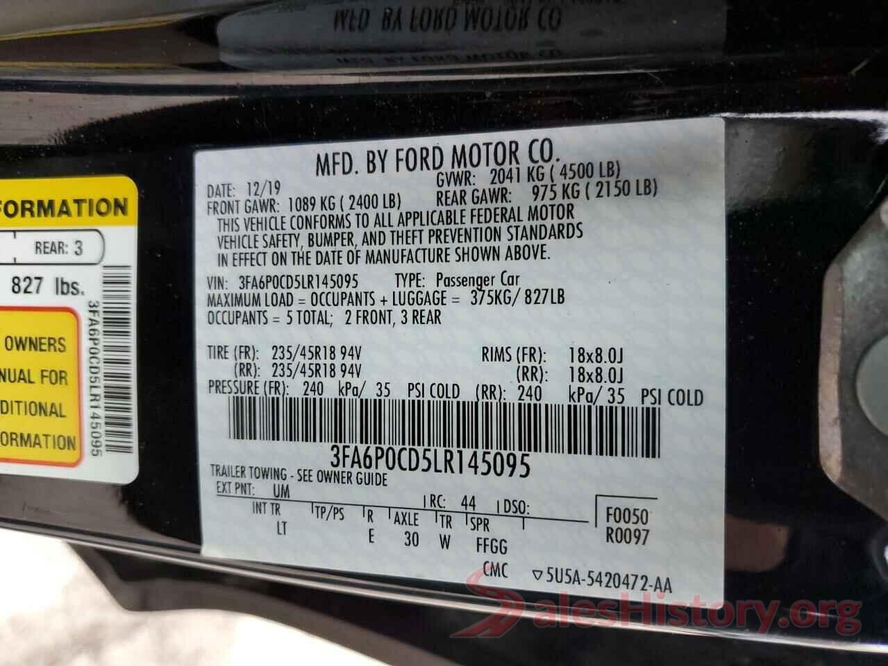 3FA6P0CD5LR145095 2020 FORD FUSION