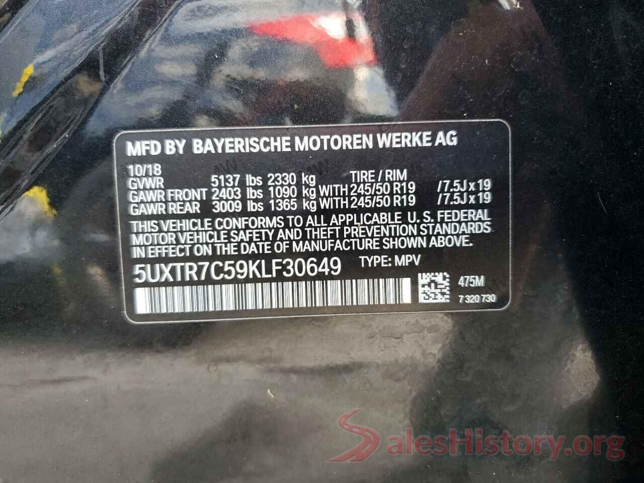 5UXTR7C59KLF30649 2019 BMW X3