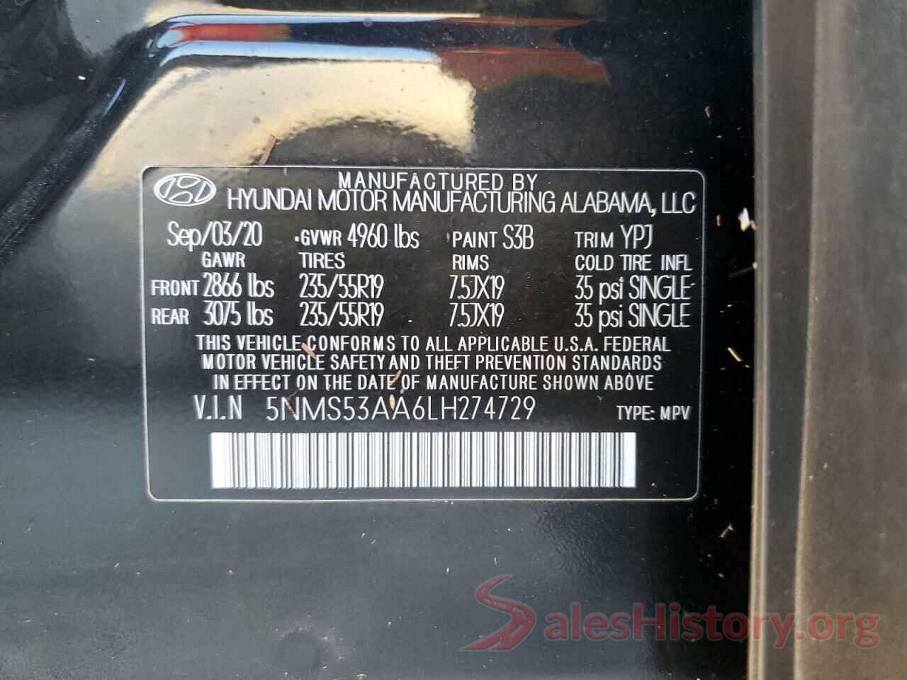 5NMS53AA6LH274729 2020 HYUNDAI SANTA FE