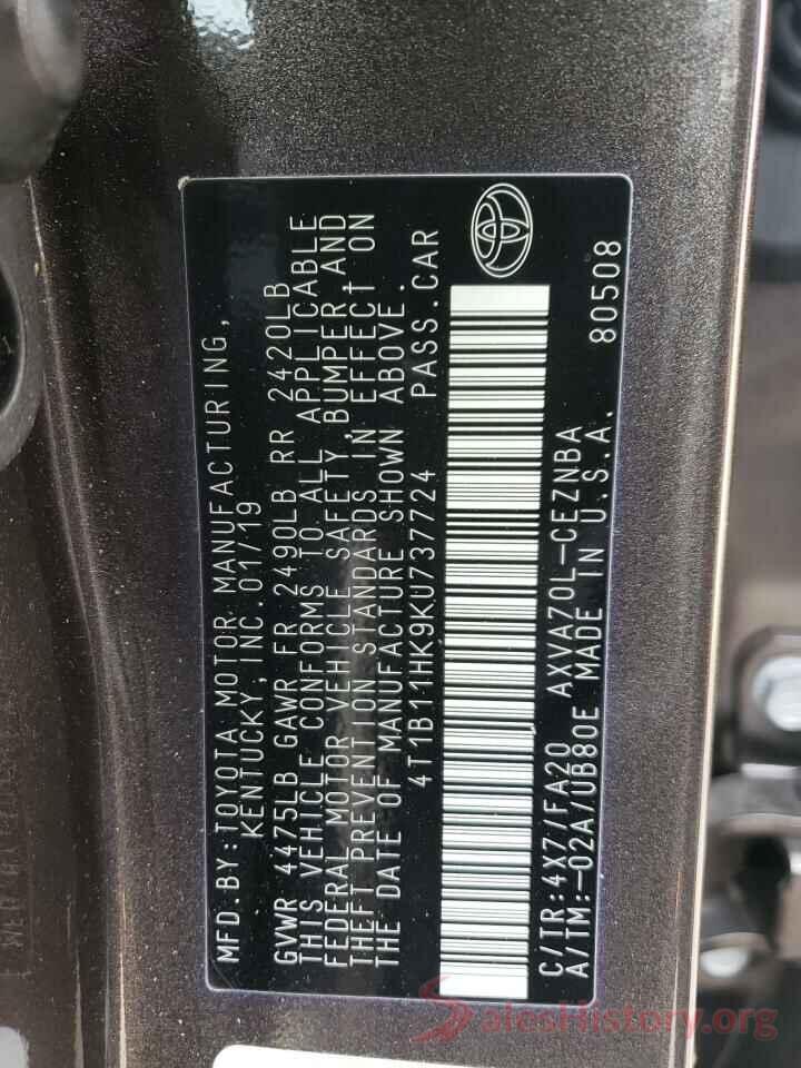 4T1B11HK9KU737724 2019 TOYOTA CAMRY