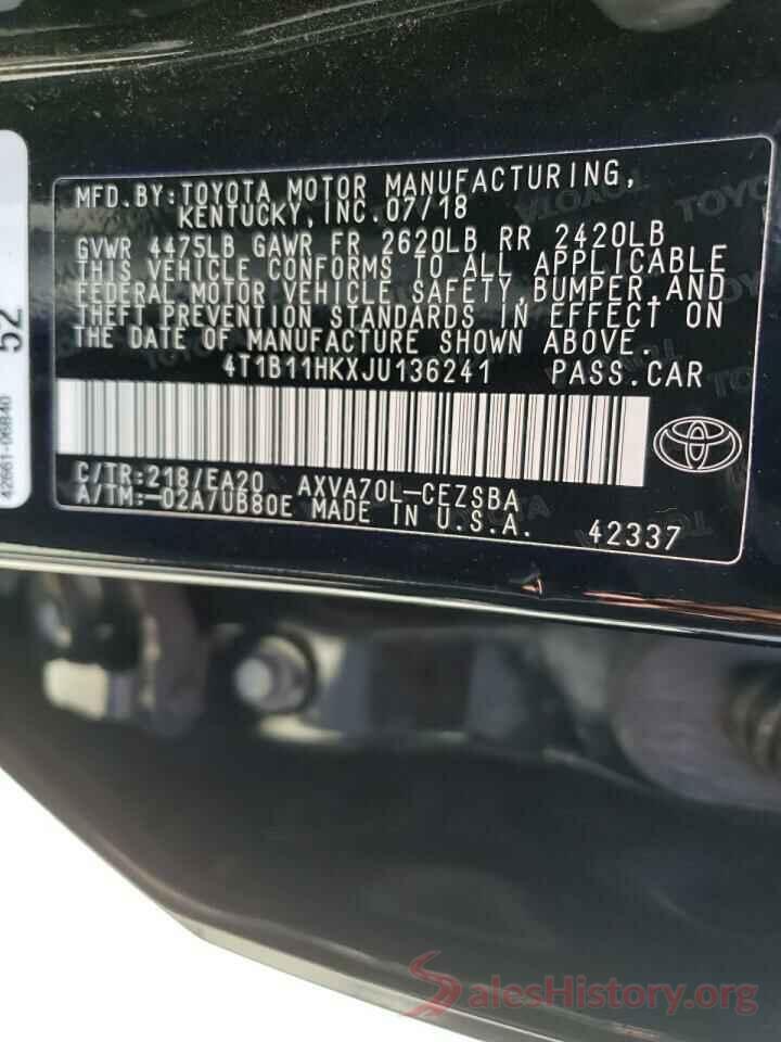 4T1B11HKXJU136241 2018 TOYOTA CAMRY