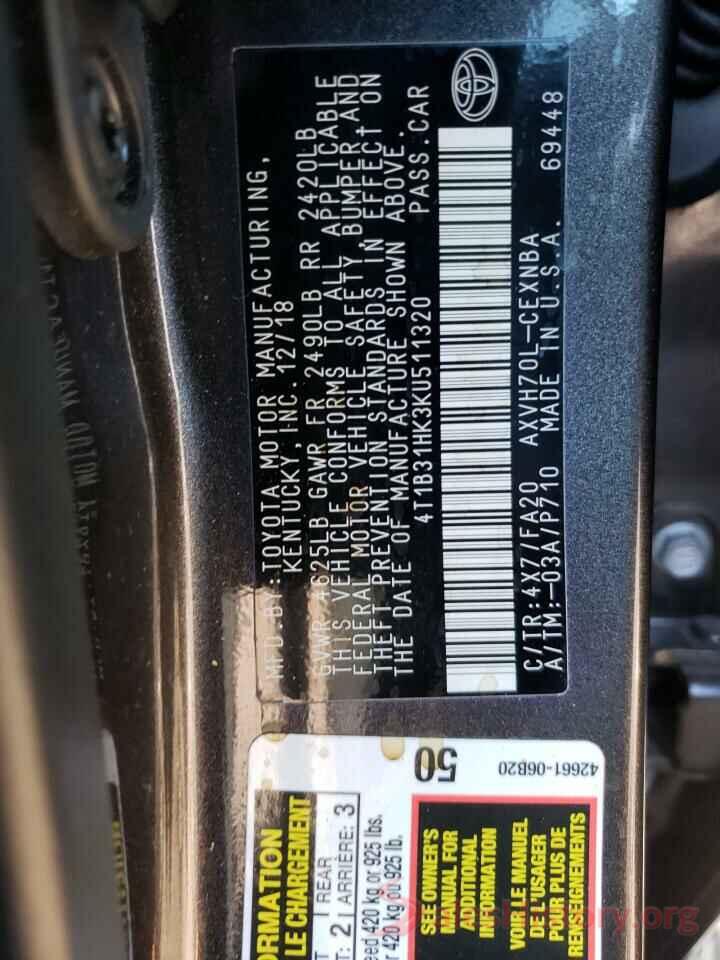 4T1B31HK3KU511320 2019 TOYOTA CAMRY