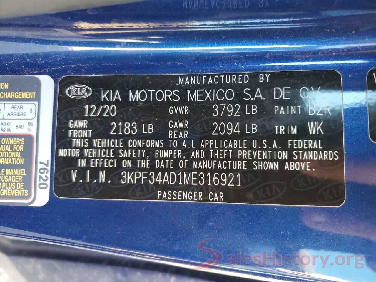 3KPF34AD1ME316921 2021 KIA FORTE