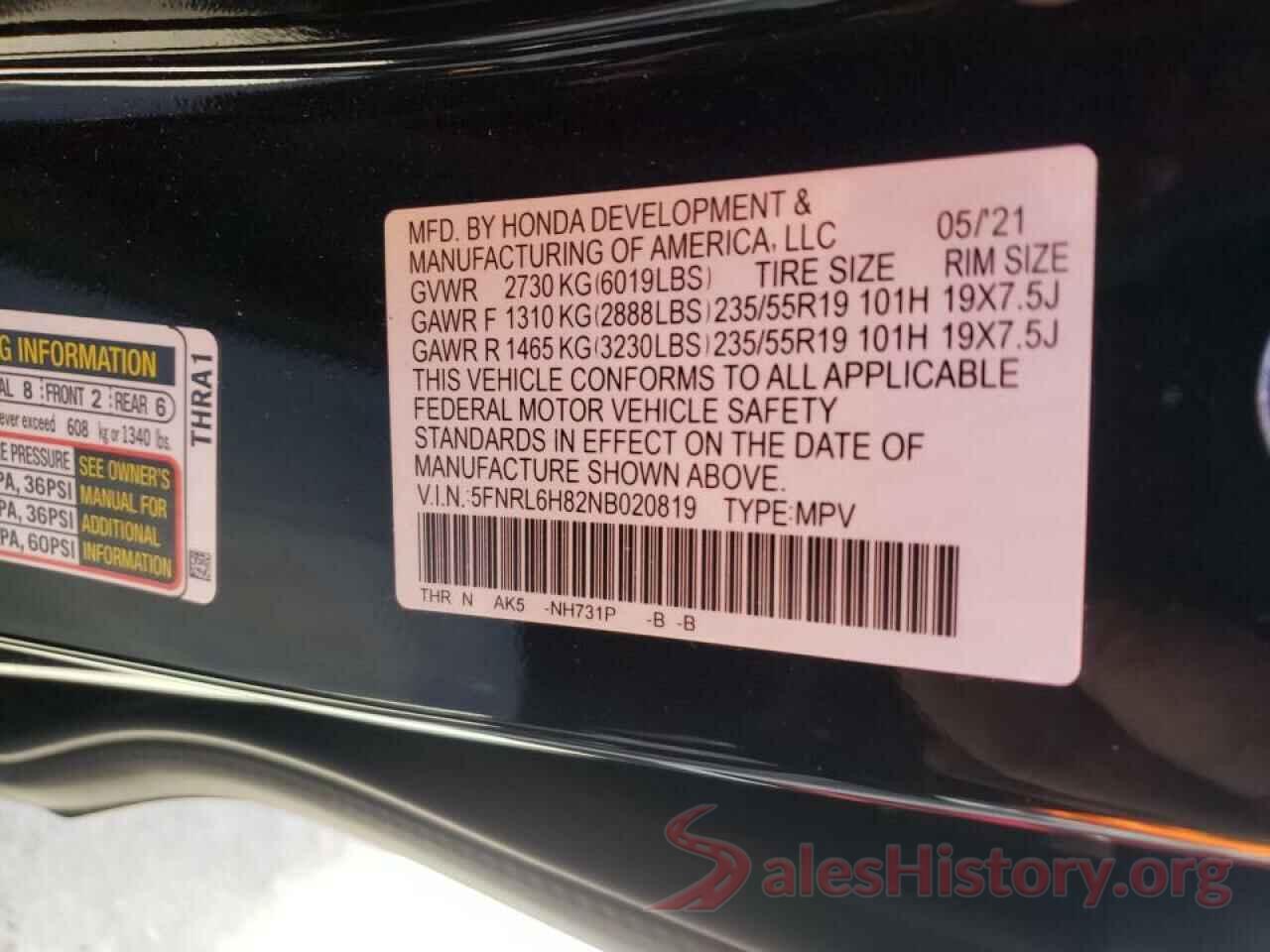 5FNRL6H82NB020819 2022 HONDA ODYSSEY