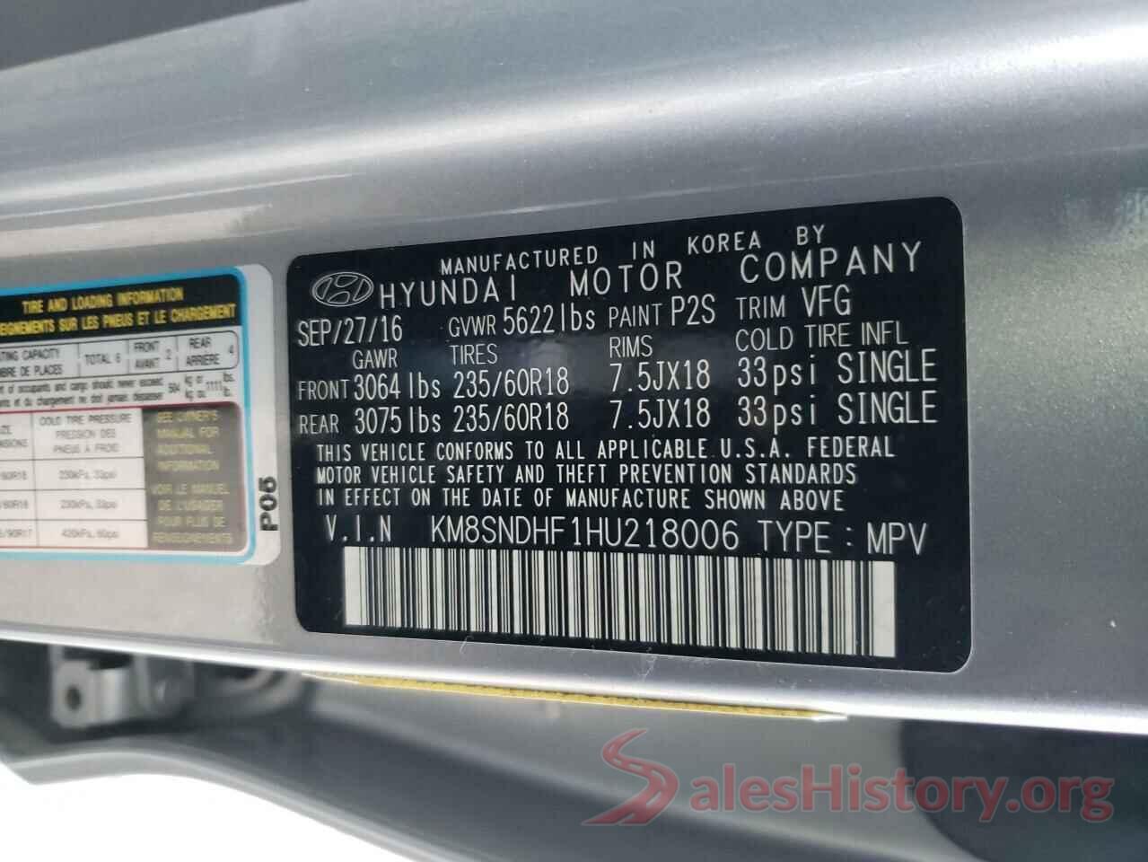 KM8SNDHF1HU218006 2017 HYUNDAI SANTA FE