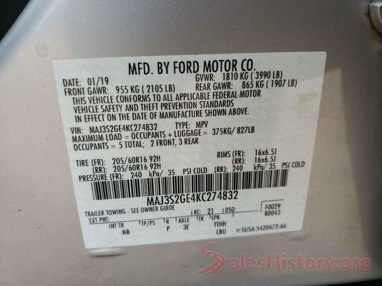 MAJ3S2GE4KC274832 2019 FORD ECOSPORT