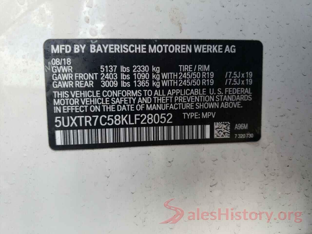 5UXTR7C58KLF28052 2019 BMW X3