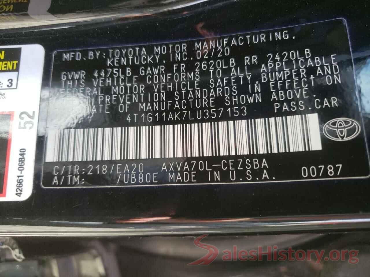 4T1G11AK7LU357153 2020 TOYOTA CAMRY