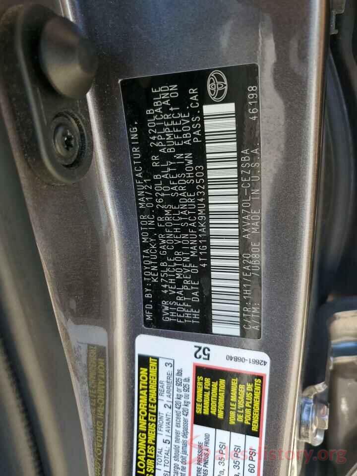 4T1G11AK9MU432503 2021 TOYOTA CAMRY