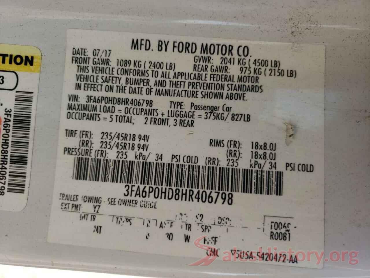 3FA6P0HD8HR406798 2017 FORD FUSION