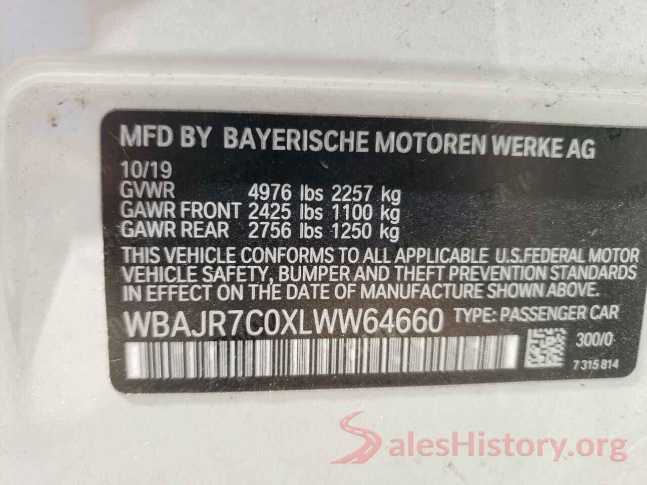 WBAJR7C0XLWW64660 2020 BMW 5 SERIES