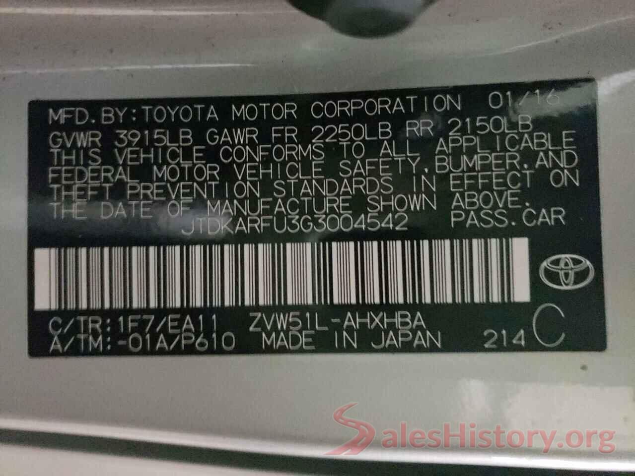 JTDKARFU3G3004542 2016 TOYOTA PRIUS