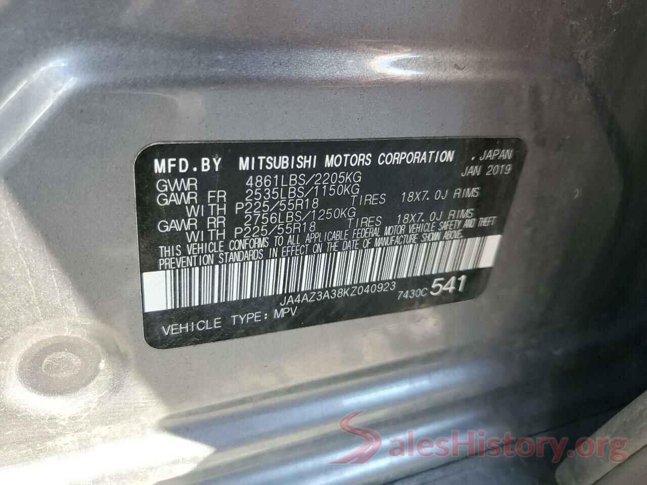 JA4AZ3A38KZ040923 2019 MITSUBISHI OUTLANDER