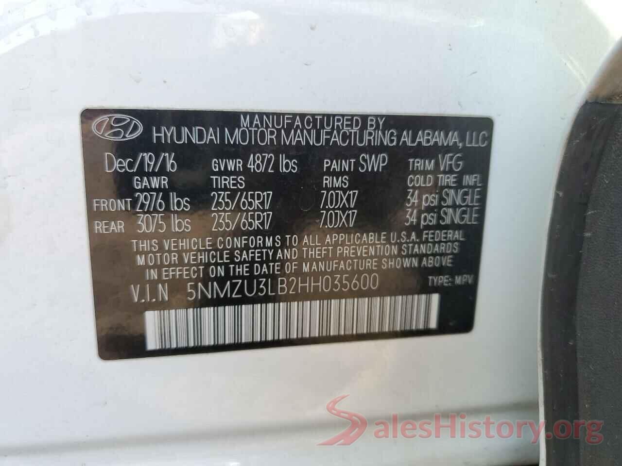 5NMZU3LB2HH035600 2017 HYUNDAI SANTA FE