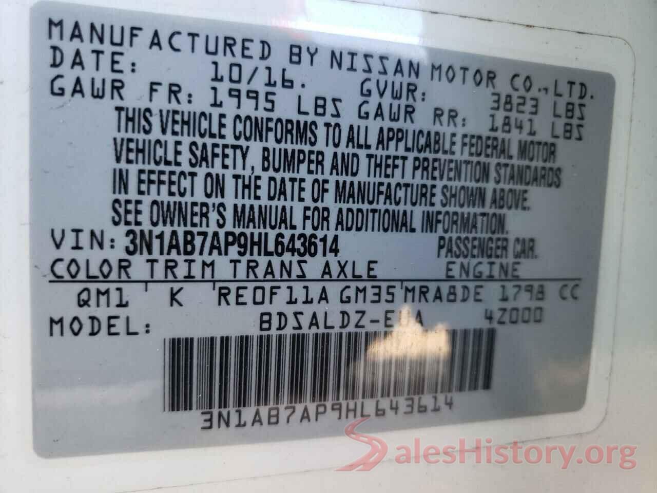 3N1AB7AP9HL643614 2017 NISSAN SENTRA