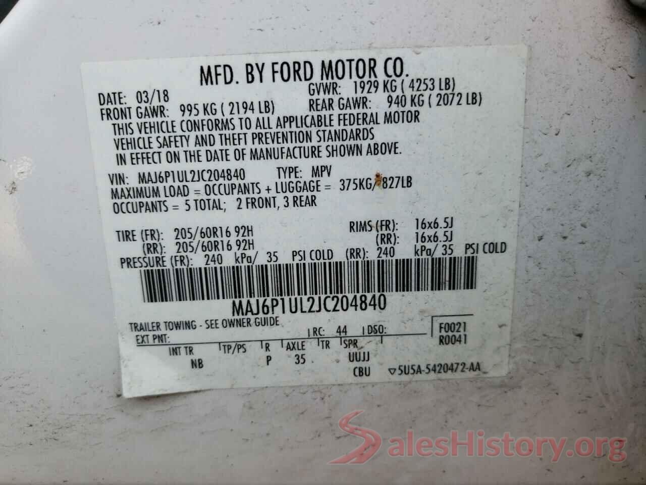 MAJ6P1UL2JC204840 2018 FORD ECOSPORT