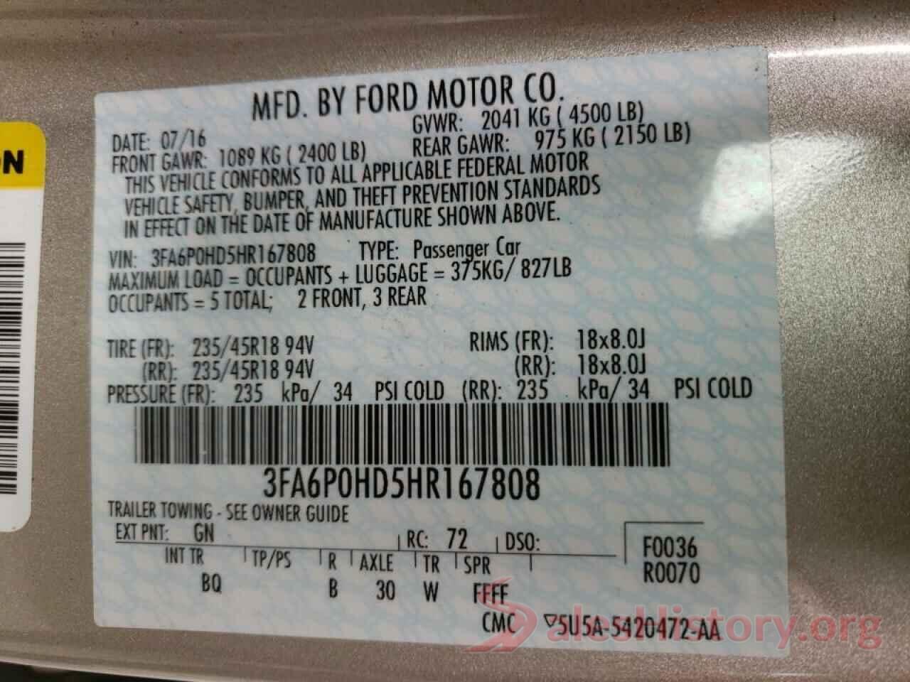 3FA6P0HD5HR167808 2017 FORD FUSION