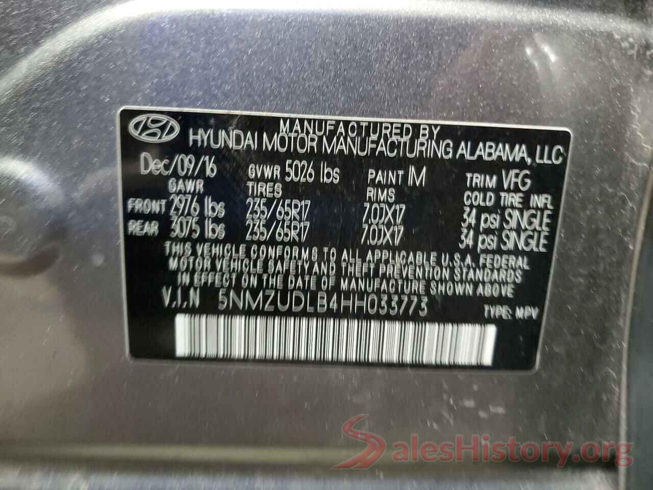 5NMZUDLB4HH033773 2017 HYUNDAI SANTA FE