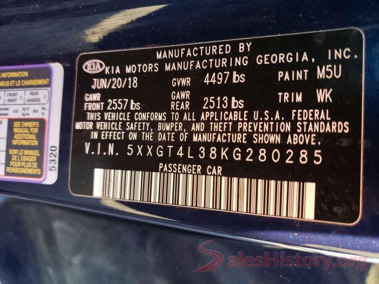 5XXGT4L38KG280285 2019 KIA OPTIMA