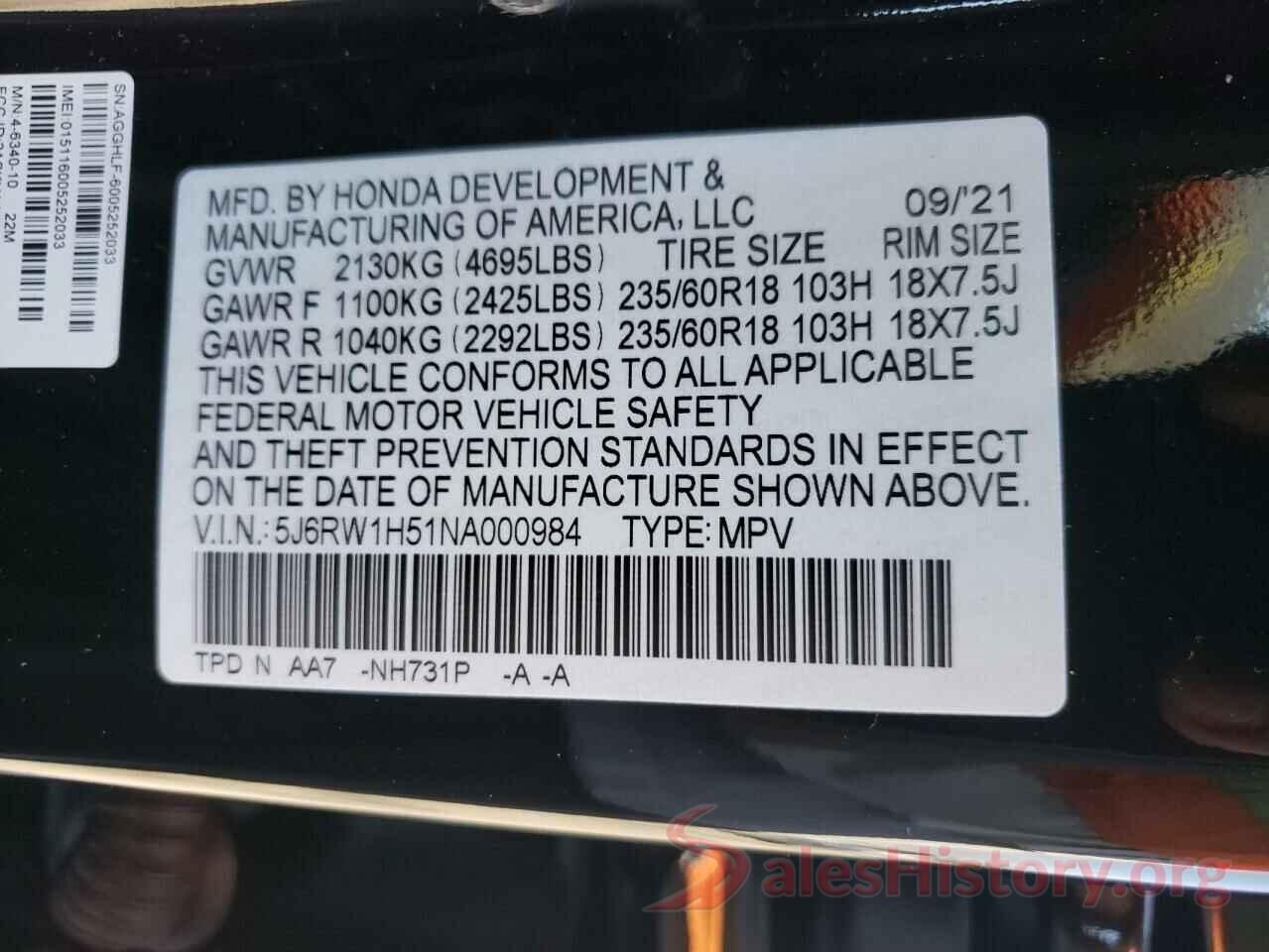 5J6RW1H51NA000984 2022 HONDA CRV