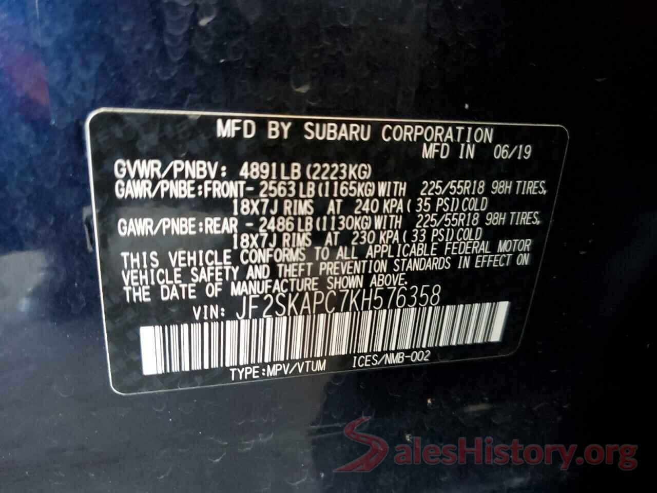 JF2SKAPC7KH576358 2019 SUBARU FORESTER