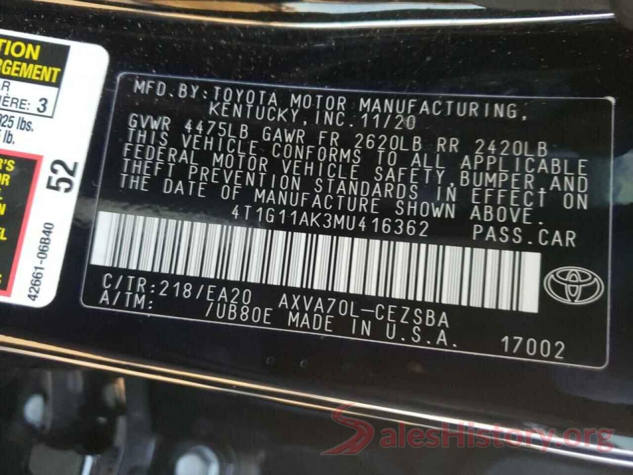 4T1G11AK3MU416362 2021 TOYOTA CAMRY