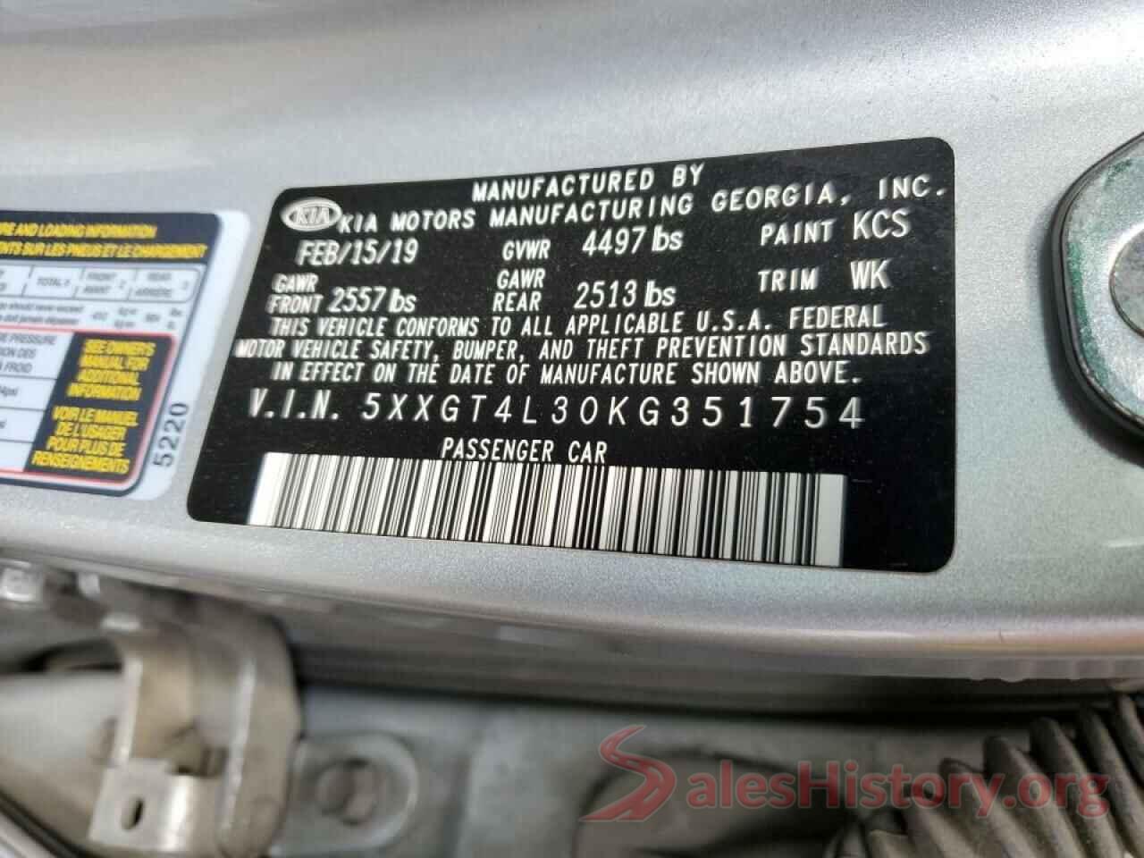 5XXGT4L30KG351754 2019 KIA OPTIMA