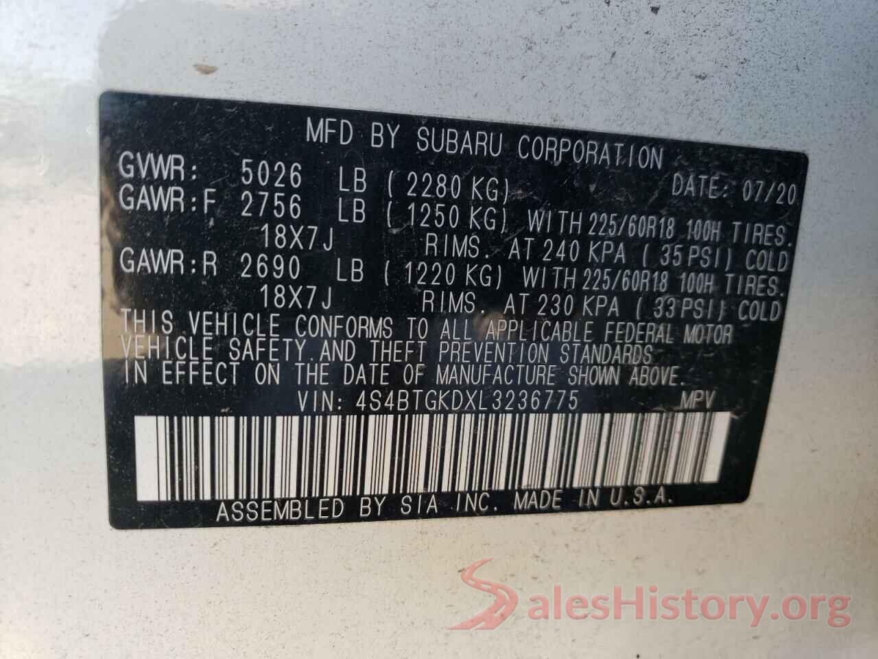 4S4BTGKDXL3236775 2020 SUBARU OUTBACK