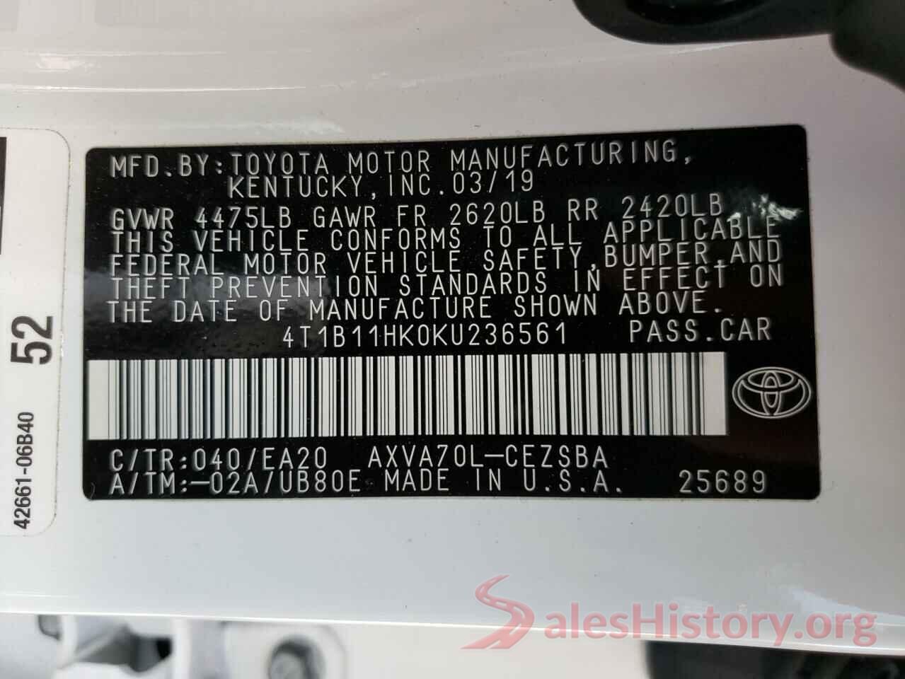 4T1B11HK0KU236561 2019 TOYOTA CAMRY