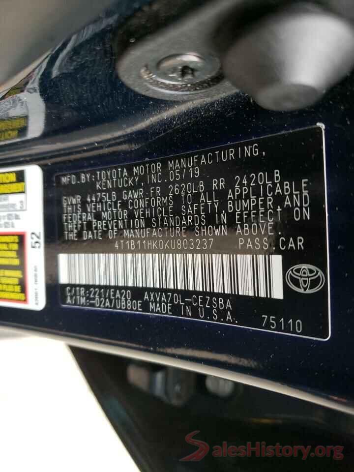 4T1B11HK0KU803237 2019 TOYOTA CAMRY